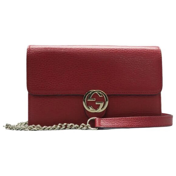 GUCCI Interlocking Wallet On Chain Red Leather Shoulder Bag 499-080725 - Picture 1 of 14